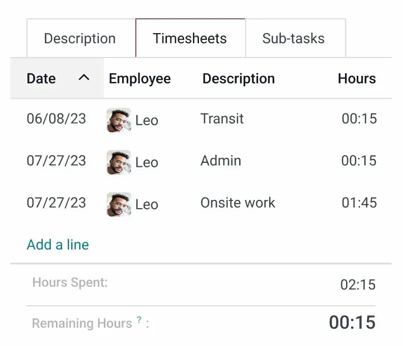 odoo software module for employee timesheet to monitor performance and task progress