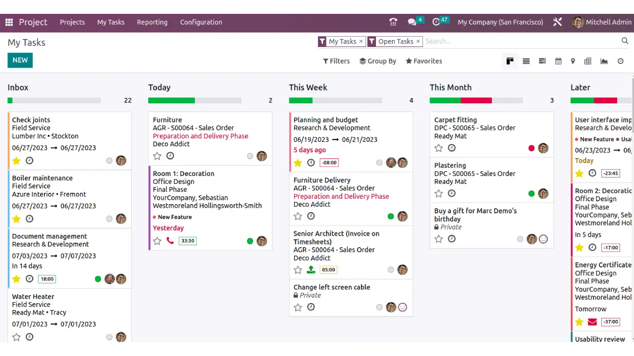 odoo dashboard for project and task management