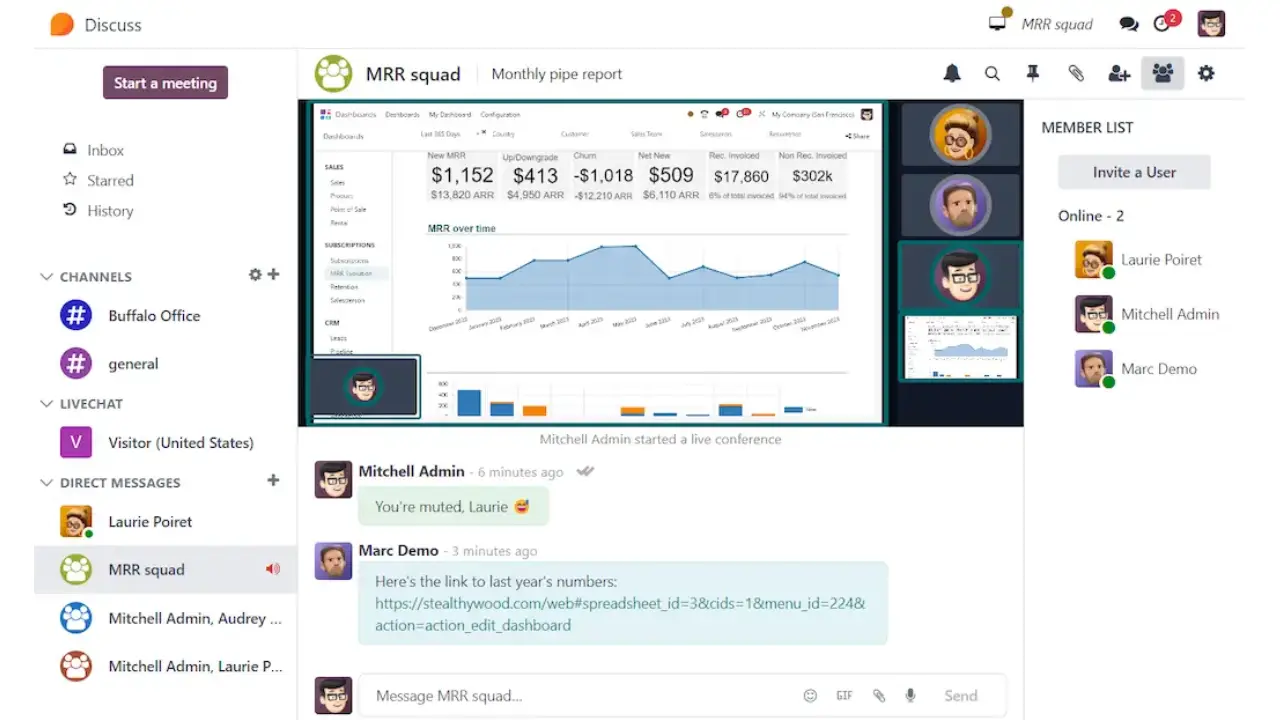 odoo software dashboard for open conversation and internal chats